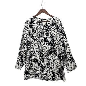 Cynthia Rowley Tunic Blouse Womens Sz 1X 100% Linen‎ Palm Print Roll Tab Sleeve